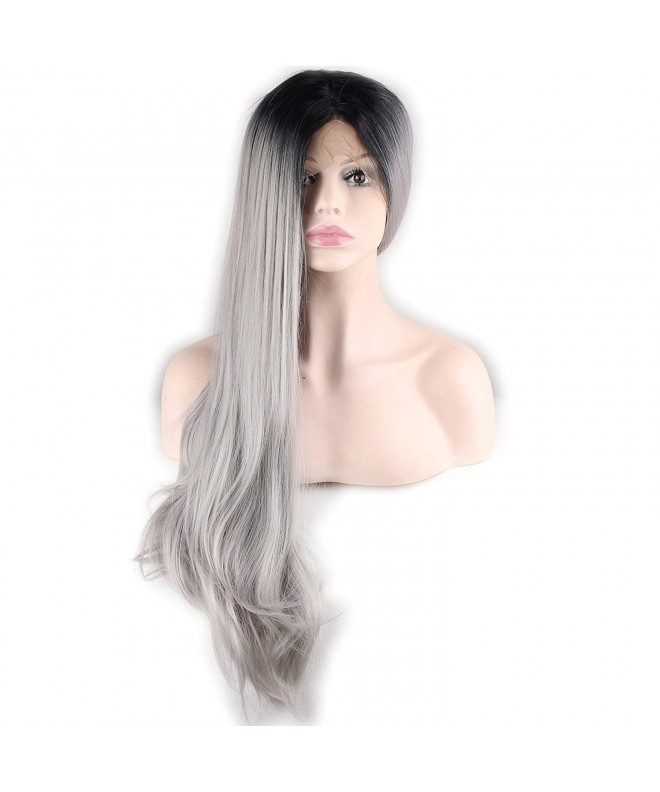 Synthetic Hair 2 Tone Ombre Gray Glueless Lace Front Gray Wigs Wavy ...