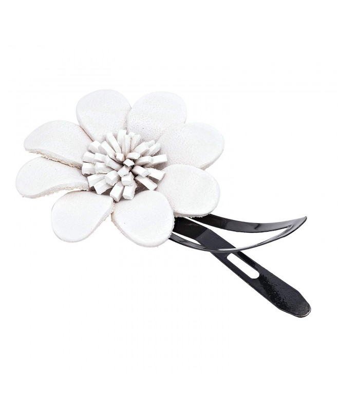 White Floral Barrette Genuine Leather Hair Pinch Clip - C311BCCC49R